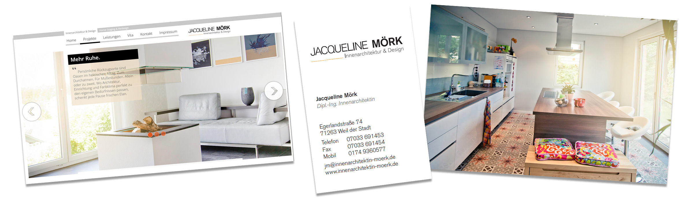 Series of pictures from the homepage of J. Mörk, a business card and a newly furnished kitchen