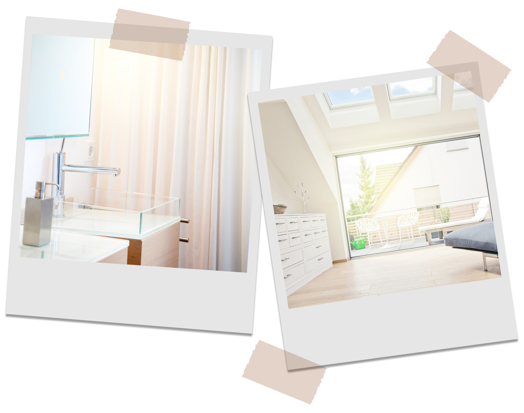 Polaroidbild von neu gestalteter Küche und Schlafzimmer
