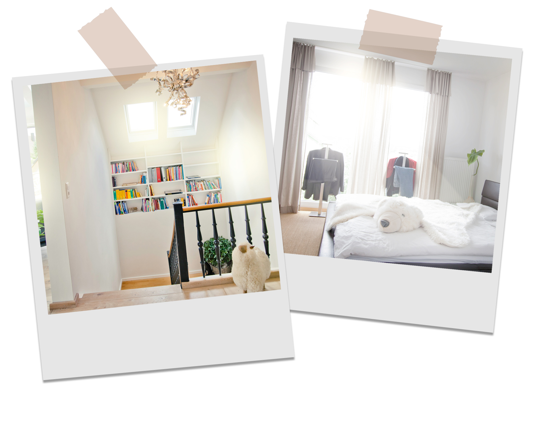 Polaroid pictures of redesigned hallway and bedroom